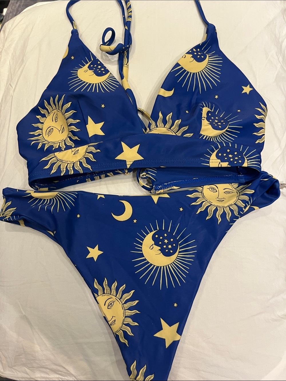 Zaful Blue Bikini Set with Yellow Sun, Moon & Star Print